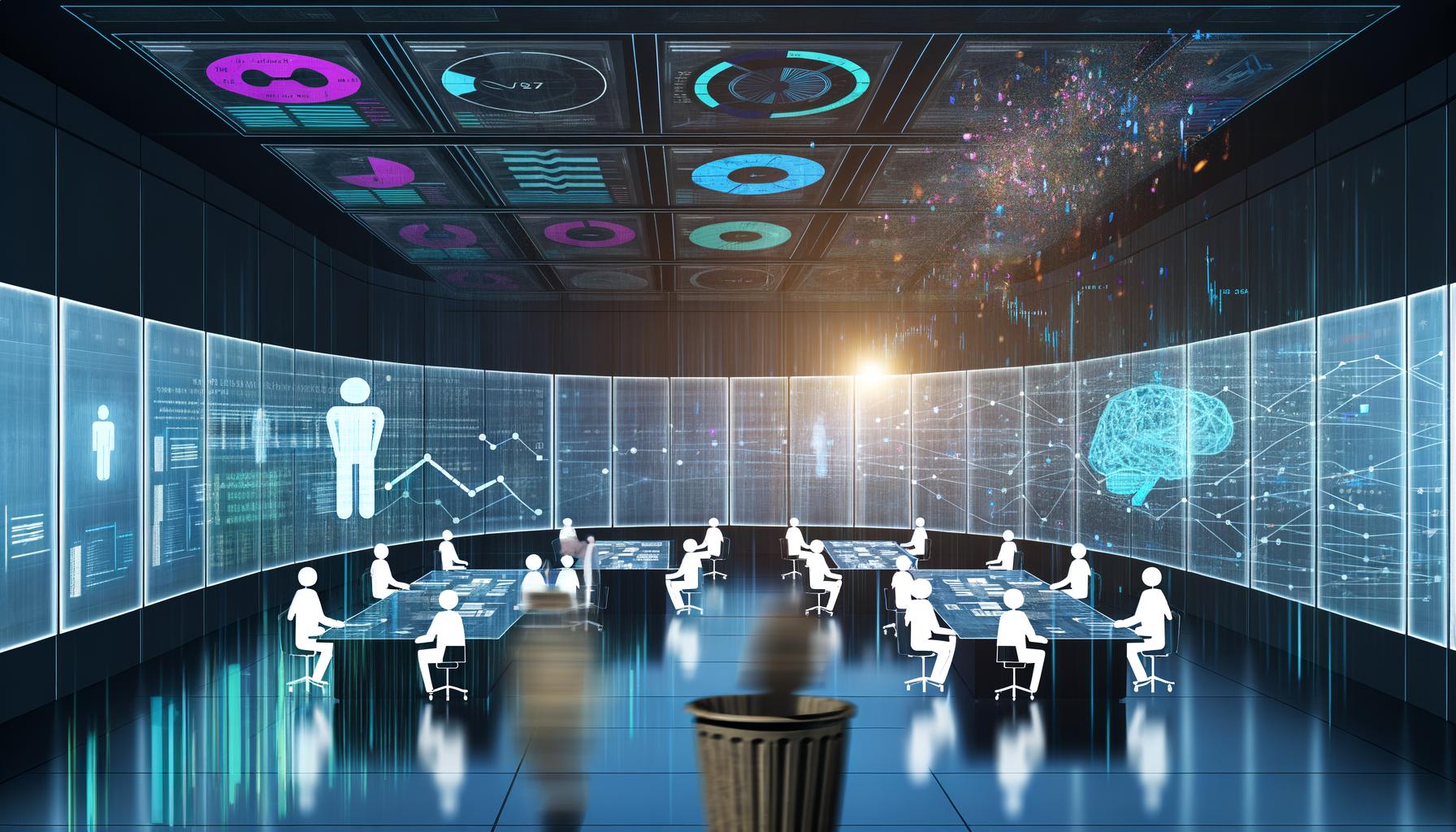 Marketing-Kontrollraum mit transparenten Displays, auf denen KI-generierte Datenströme, Diagramme und Rankings leuchten, daneben Fachleute bei der Analyse, im Hintergrund wird eine Excel-Tabelle entsorgt.