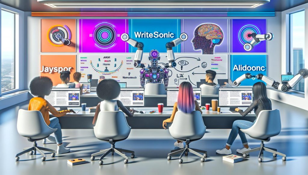 Junge Kreative in einem futuristischen Redaktionsbüro 2025 vor Monitoren mit KI-Content-Tools und einem strategischen Whiteboard im Hintergrund. Roboterarme reichen digitale Textentwürfe weiter.