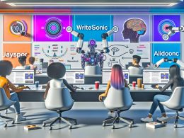 Junge Kreative in einem futuristischen Redaktionsbüro 2025 vor Monitoren mit KI-Content-Tools und einem strategischen Whiteboard im Hintergrund. Roboterarme reichen digitale Textentwürfe weiter.