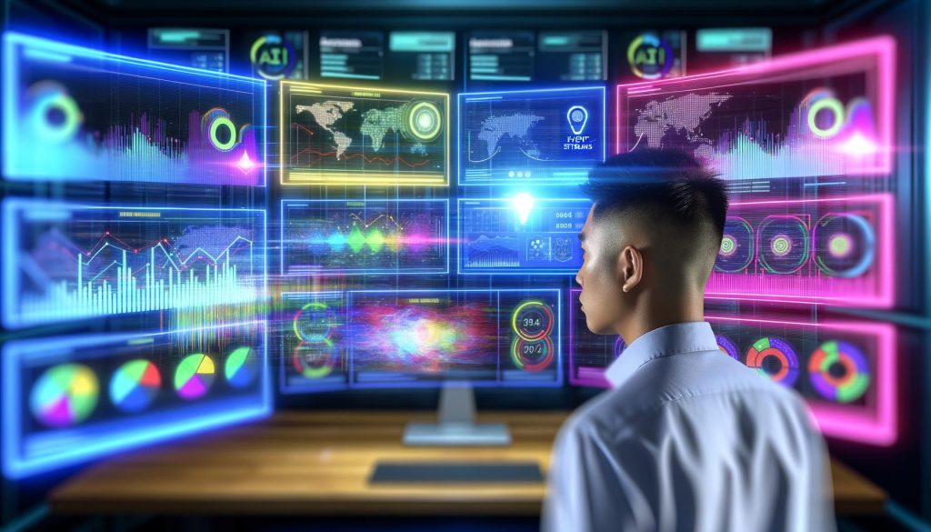 Digital-Marketer beobachtet mehrere Echtzeit-Dashboards mit leuchtenden Diagrammen, Event-Streams und einer Alarmmeldung in einem hochmodernen Online-Marketing-Kontrollraum, umgeben von KI-Symbolen und vernetzten Datenflüssen.