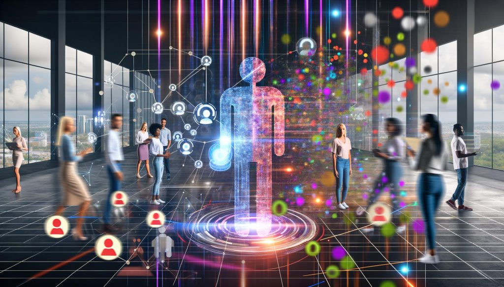 Moderne Büro-Szene mit Marketers, schwebenden Datenströmen, Machine-Learning-Algorithmen, bunten Diagrammen und einer großen, leuchtenden KI-Statue aus Licht im Zentrum. Im Hintergrund digitale Kundenavatare und aufgelöste Zielgruppen-Segmente.