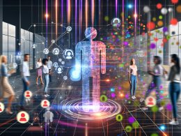 Moderne Büro-Szene mit Marketers, schwebenden Datenströmen, Machine-Learning-Algorithmen, bunten Diagrammen und einer großen, leuchtenden KI-Statue aus Licht im Zentrum. Im Hintergrund digitale Kundenavatare und aufgelöste Zielgruppen-Segmente.