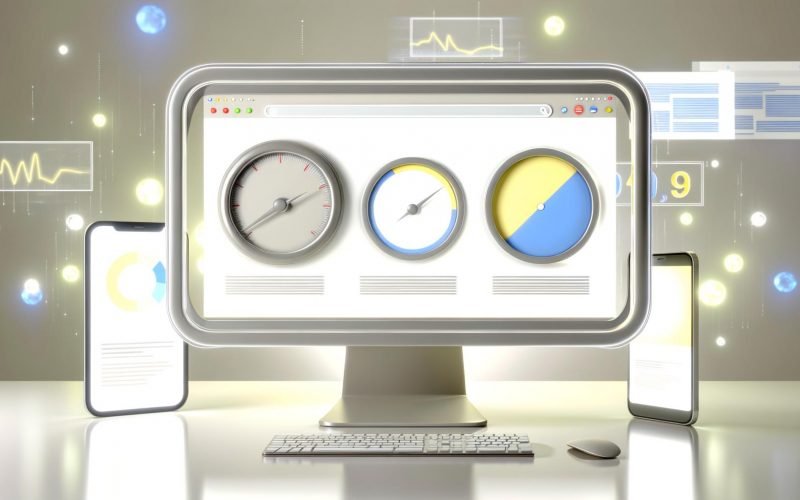 Modernes Analytics Dashboard auf Monitor, umgeben von Browser-Tabs, Diagrammen und dezenten Pixelmotiven mit Computer, Tablet und Smartphone im Hintergrund.