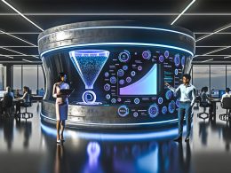 Futuristischer Arbeitsplatz mit Marketing- und Technikexperten vor digitalen Dashboards, Hologrammen und KI-Analysen in neonblauer Beleuchtung.