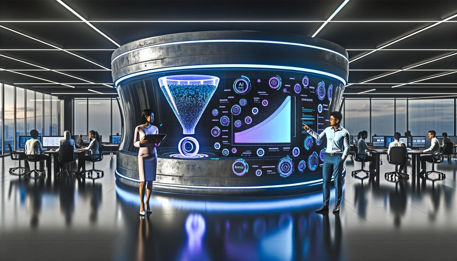 Futuristischer Arbeitsplatz mit Marketing- und Technikexperten vor digitalen Dashboards, Hologrammen und KI-Analysen in neonblauer Beleuchtung.