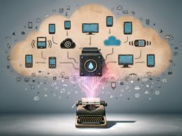 Illustration einer modernen API-Schaltzentrale, die verschiedene digitale Endgeräte vernetzt. Im Hintergrund verblassen klassische CMS-Icons wie WordPress, Typo3 und Drupal. Im Vordergrund sind Cloud- und Microservices-Symbole zu sehen. Ein Sinnbild für technischen Aufbruch.