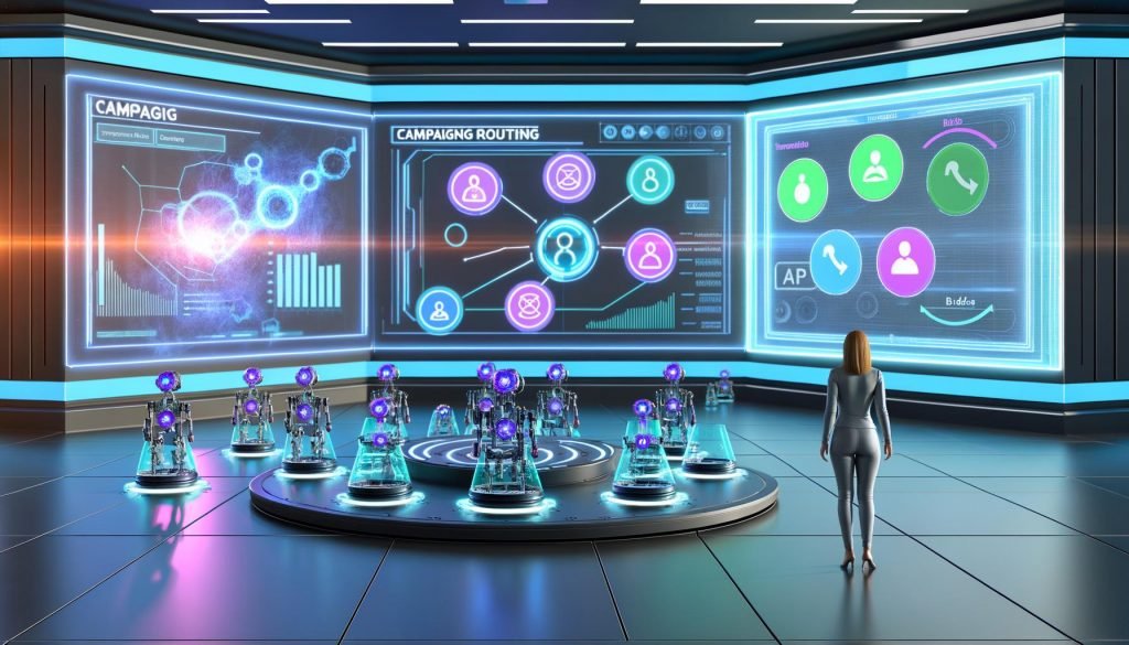 Futuristische, hell erleuchtete Marketing-Kommandozentrale mit holografischen Dashboards, Kampagnenrouting-Interface, Roboterarmen und Echtzeit-KPI-Panels.