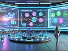 Futuristische, hell erleuchtete Marketing-Kommandozentrale mit holografischen Dashboards, Kampagnenrouting-Interface, Roboterarmen und Echtzeit-KPI-Panels.