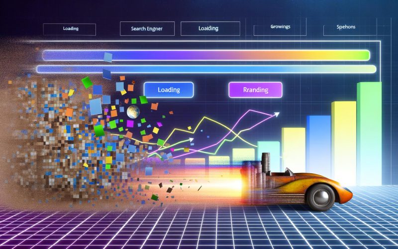 Dynamisch inszenierte Startseite mit Ladebalken; links zerfällt eine alte Website zu Pixel-Sand, rechts startet eine moderne, farbenfrohe Website durch. Im Hintergrund Suchmaschinen-Rankings, Umsatzkurven und schnelle Geräte.