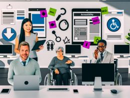 Modernes, barrierefreies Büro mit Webdesignerin, Entwickler mit Screenreader, älterem Nutzer am Tablet und einer Frau im Rollstuhl. Sie arbeiten gemeinsam an einer Tafel mit Begriffen wie WCAG 2.1, Accessibility und Inklusion.