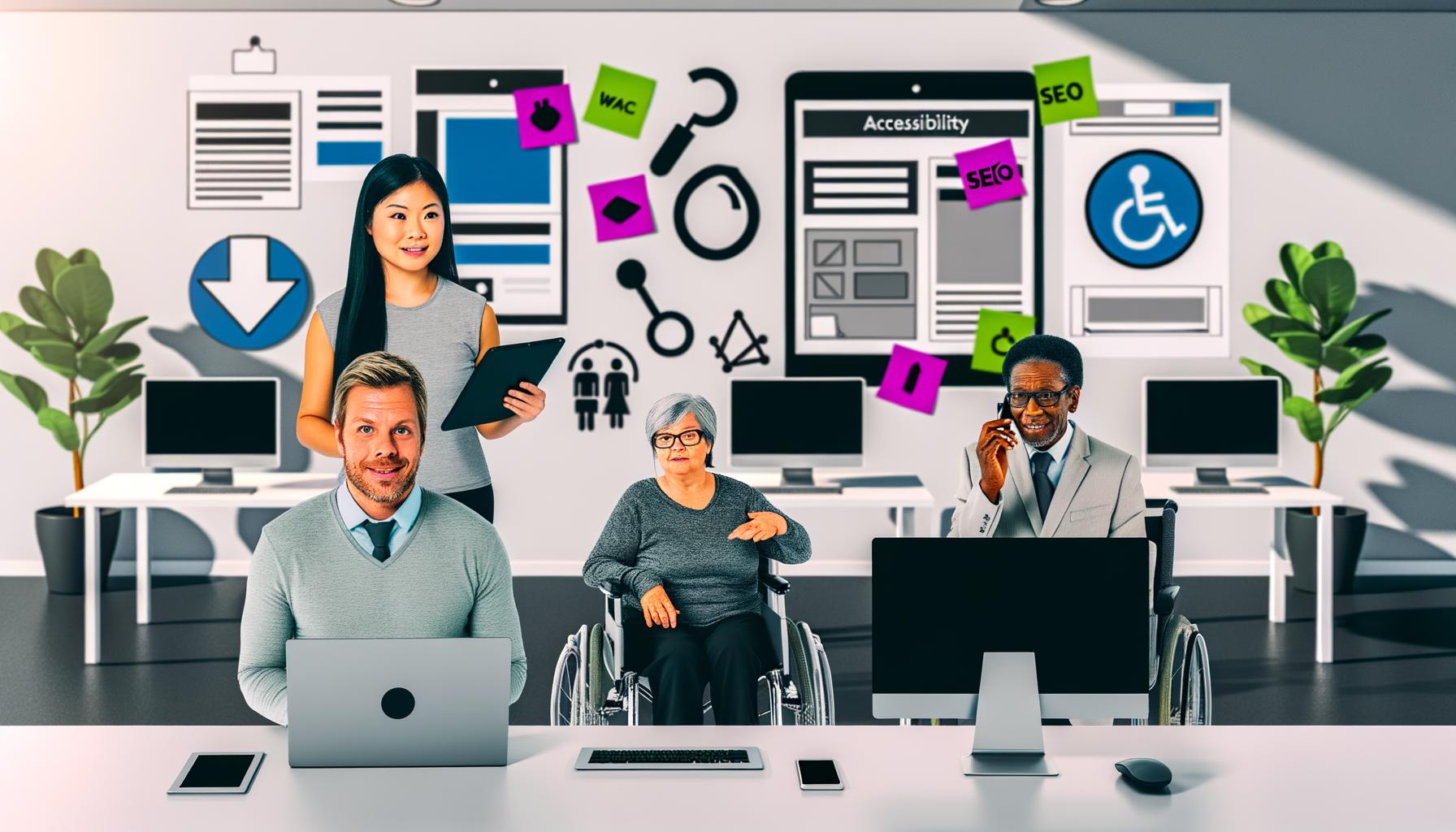 Modernes, barrierefreies Büro mit Webdesignerin, Entwickler mit Screenreader, älterem Nutzer am Tablet und einer Frau im Rollstuhl. Sie arbeiten gemeinsam an einer Tafel mit Begriffen wie WCAG 2.1, Accessibility und Inklusion.