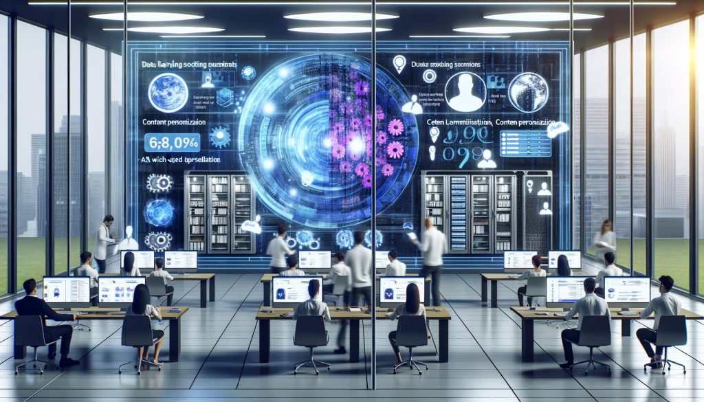 Hightech-Büro mit Marketers, Data Scientists und Entwicklern vor einem riesigen holographischen Bildschirm, umgeben von Algorithmen und modernen Designelementen