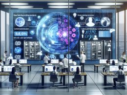 Hightech-Büro mit Marketers, Data Scientists und Entwicklern vor einem riesigen holographischen Bildschirm, umgeben von Algorithmen und modernen Designelementen