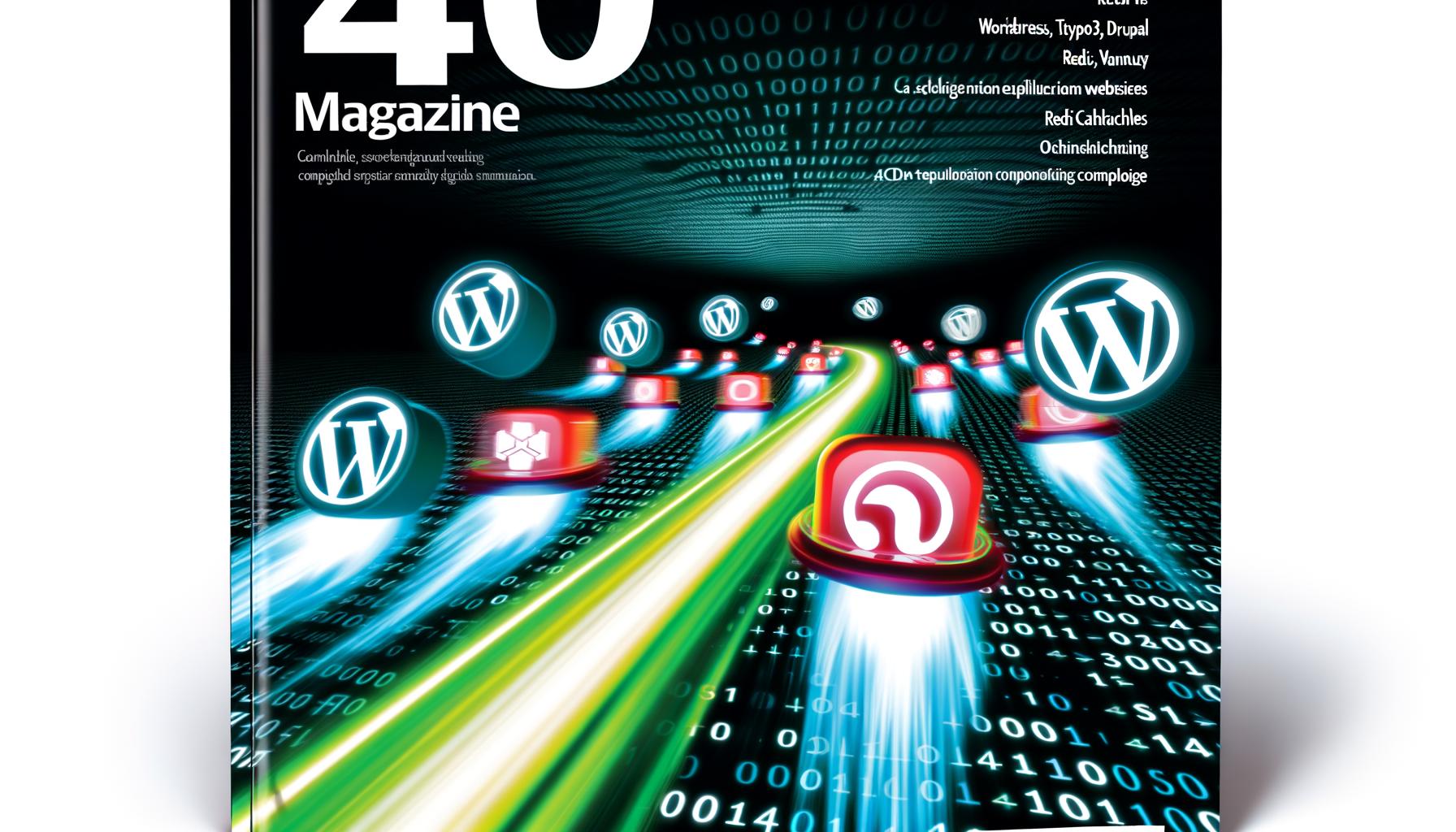 Abstrahierte Website im Vordergrund mit Lichtspuren, dahinter Symbole für CMS und Caching-Technologien auf dunklem, technikbetontem Hintergrund.