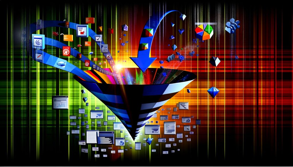 Illustration eines Conversion-Funnels mit leuchtenden Nutzer-Interaktionen und zerfallenden Dashboard-Elementen vor digitalem Matrix-Hintergrund