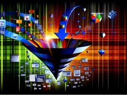 Illustration eines Conversion-Funnels mit leuchtenden Nutzer-Interaktionen und zerfallenden Dashboard-Elementen vor digitalem Matrix-Hintergrund