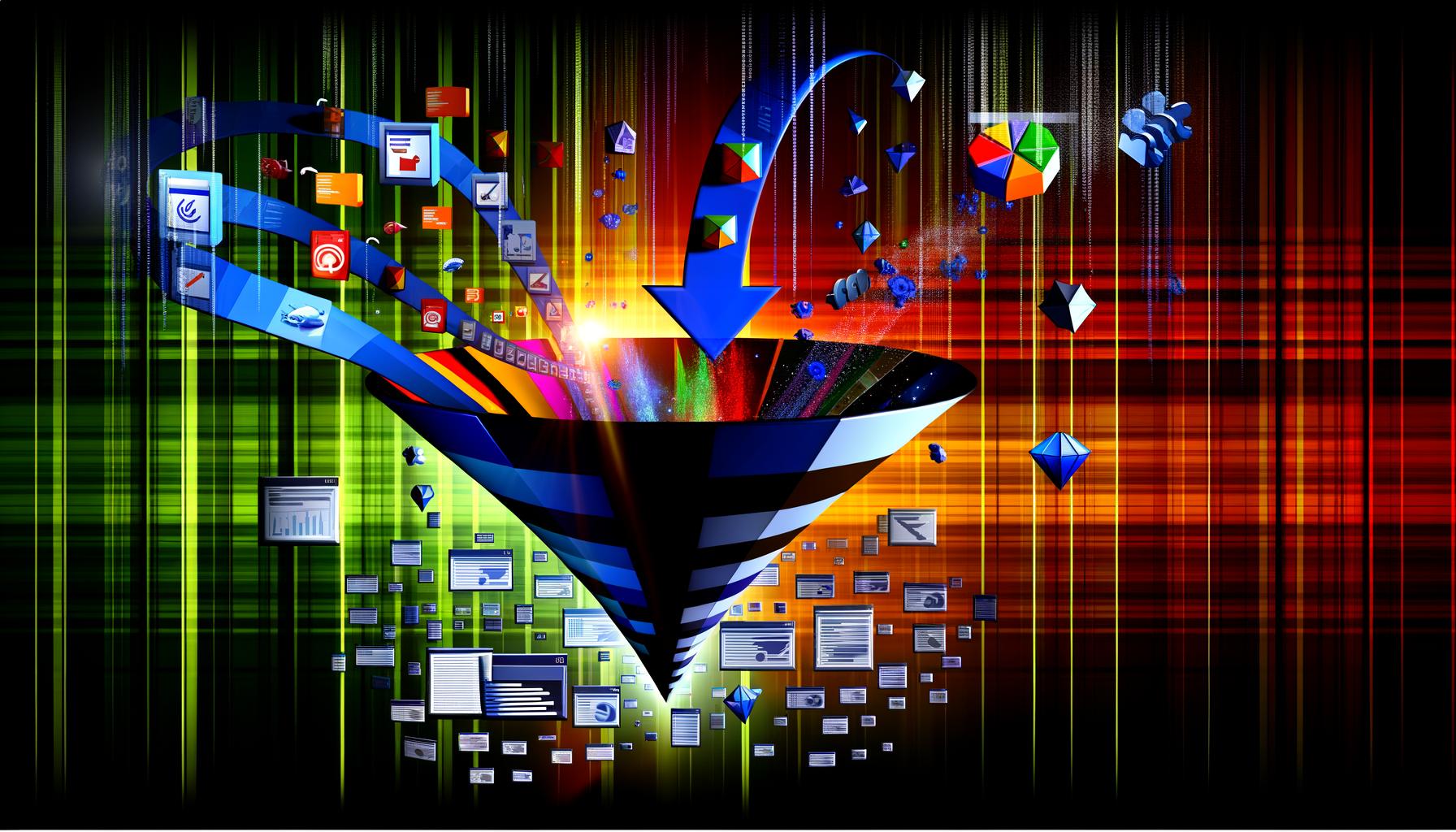 Illustration eines Conversion-Funnels mit leuchtenden Nutzer-Interaktionen und zerfallenden Dashboard-Elementen vor digitalem Matrix-Hintergrund