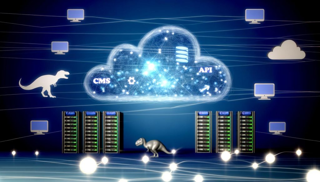 Stilisierte transparente Cloud mit Textblöcken, Vorschaubildern und API-Symbolen, umgeben von mehreren Endgeräten, während im Hintergrund klassische CMS-Logos als Dinosaurier erscheinen.