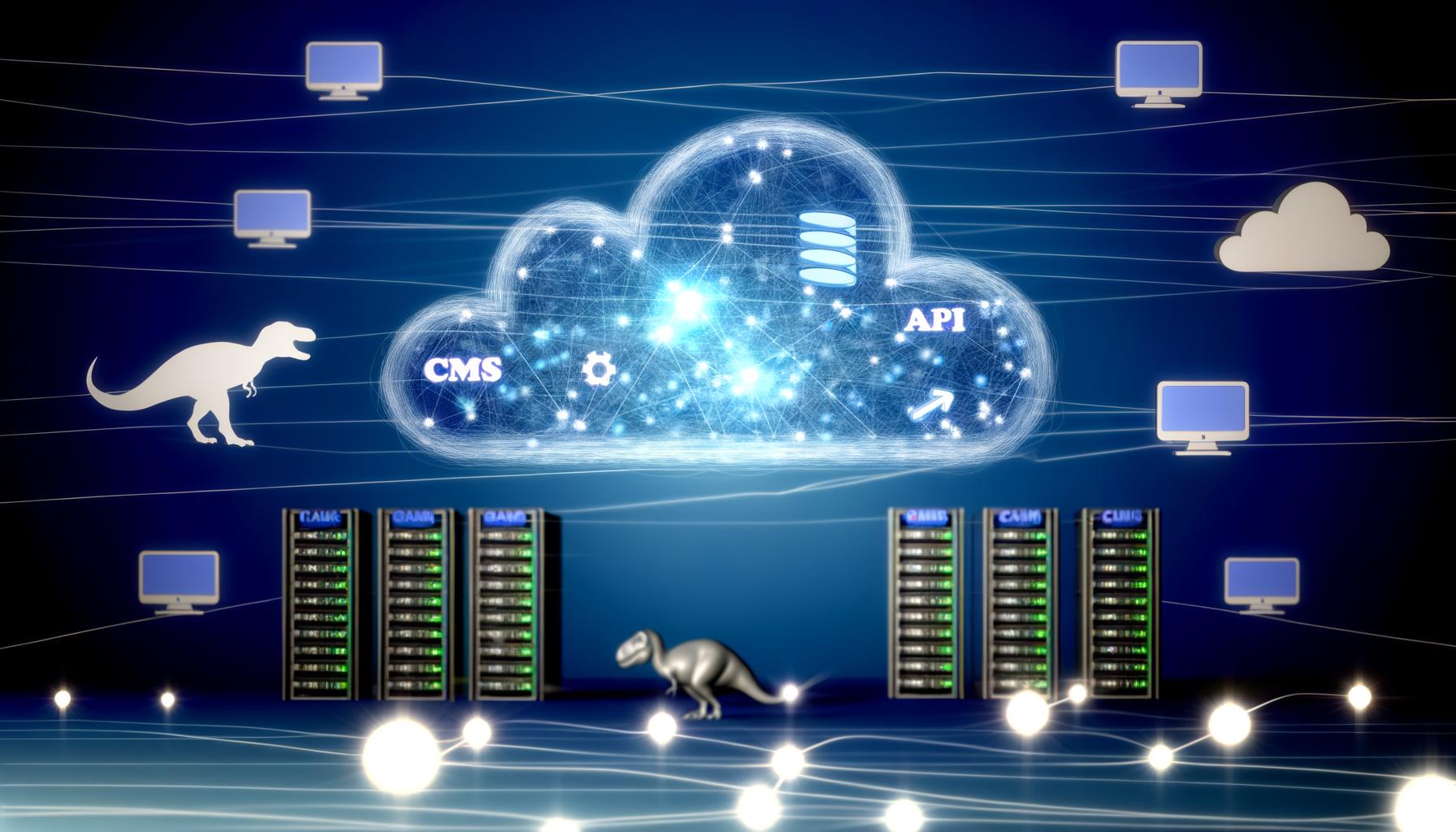 Stilisierte transparente Cloud mit Textblöcken, Vorschaubildern und API-Symbolen, umgeben von mehreren Endgeräten, während im Hintergrund klassische CMS-Logos als Dinosaurier erscheinen.