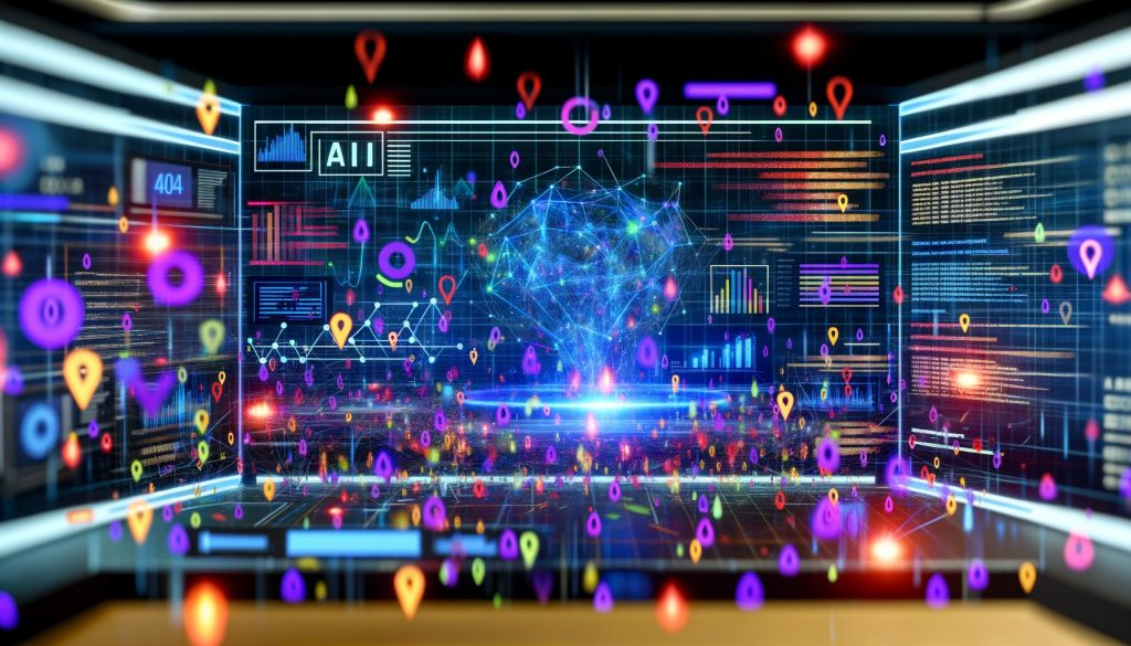 Futuristische Kommandozentrale mit großem Dashboard, KI-Netzwerken, Heatmaps und Echtzeit-Datenvisualisierungen, umgeben von User-Interaktionselementen und zerfallenden klassischen Statistiken.