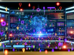 Futuristische Kommandozentrale mit großem Dashboard, KI-Netzwerken, Heatmaps und Echtzeit-Datenvisualisierungen, umgeben von User-Interaktionselementen und zerfallenden klassischen Statistiken.