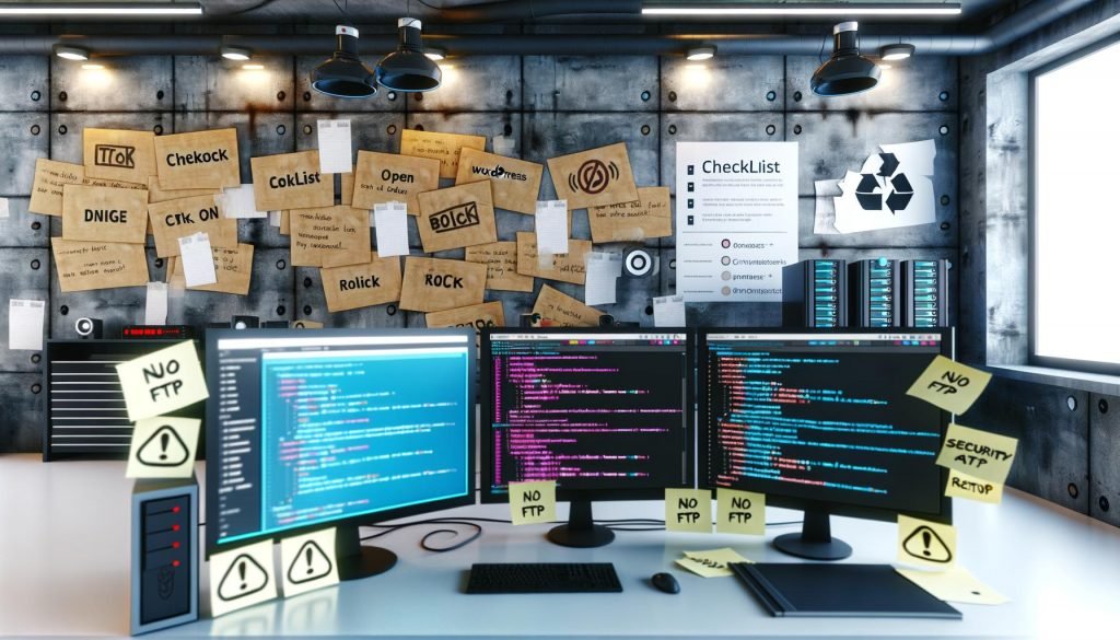 Moderner Arbeitsplatz mit mehreren Monitoren, offenem Codeeditor, Git-Terminal, CI/CD-Dashboard sowie WordPress- und TYPO3-Administrationsoberfläche, Papiernotizen, Sicherheits-Icons, Server-Rack und NO FTP-Plakat im Hintergrund.