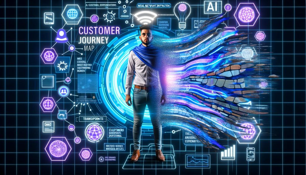 Digitales Magazin-Cover mit Marketerin, KI-Icons, leuchtender Customer-Journey-Map und futuristischer Cyberpunk-Atmosphäre