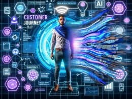 Digitales Magazin-Cover mit Marketerin, KI-Icons, leuchtender Customer-Journey-Map und futuristischer Cyberpunk-Atmosphäre