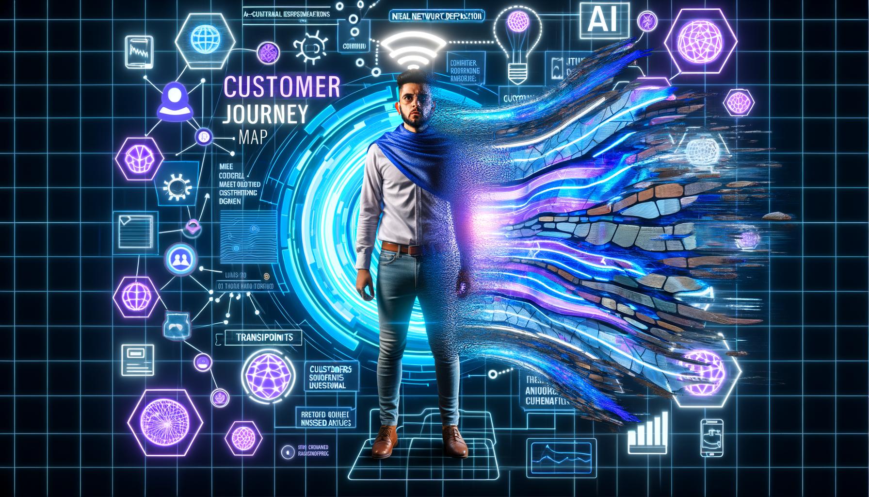 Digitales Magazin-Cover mit Marketerin, KI-Icons, leuchtender Customer-Journey-Map und futuristischer Cyberpunk-Atmosphäre