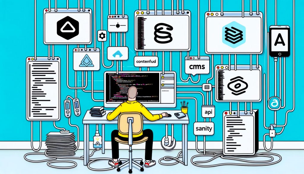 Illustration eines Entwicklers in modernem Workspace mit Headless CMS, abstrahierten Logos von Contentful, Strapi, Sanity, Next.js, Svelte und verbundenen Datenströmen zu verschiedenen Frontends.
