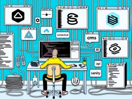 Illustration eines Entwicklers in modernem Workspace mit Headless CMS, abstrahierten Logos von Contentful, Strapi, Sanity, Next.js, Svelte und verbundenen Datenströmen zu verschiedenen Frontends.