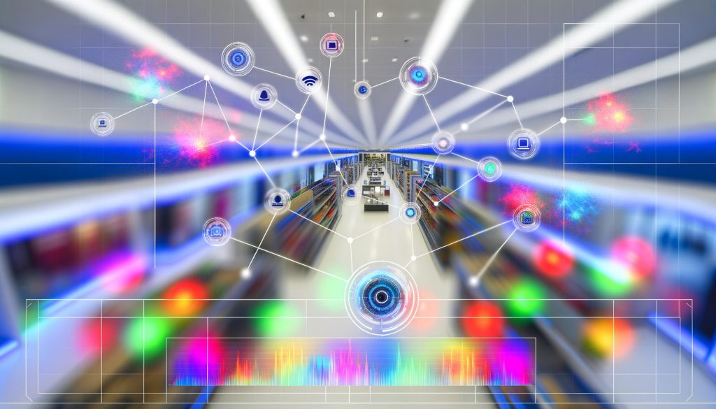 Vogelperspektive auf einen modernen Einzelhandelsladen mit verschlungenen Gängen, farbigen Kundenbewegungen, digitalen Anzeigen und dargestellten KI-Überwachungssystemen.