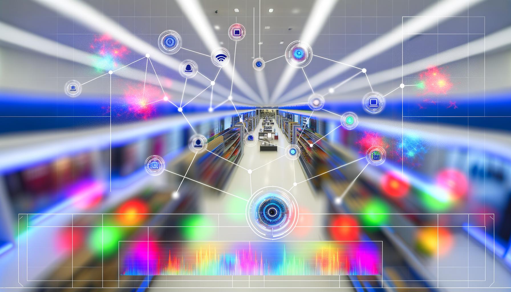 Vogelperspektive auf einen modernen Einzelhandelsladen mit verschlungenen Gängen, farbigen Kundenbewegungen, digitalen Anzeigen und dargestellten KI-Überwachungssystemen.