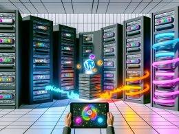 Visionärer Serverraum mit traditionellen CMS-Monolithen links, leuchtenden Microservices und Headless-APIs rechts, zentralem KI-Kern und Nutzer mit Tablet im Vordergrund