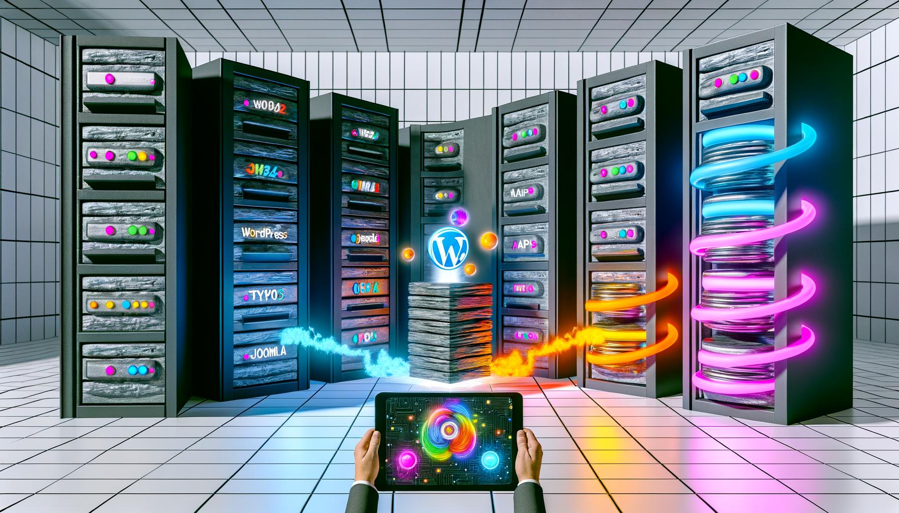 Visionärer Serverraum mit traditionellen CMS-Monolithen links, leuchtenden Microservices und Headless-APIs rechts, zentralem KI-Kern und Nutzer mit Tablet im Vordergrund