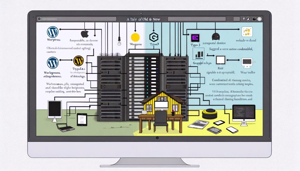 Gegenüberstellung eines klassischen CMS-Server-Racks mit bekannten Logos und einem flexiblen Headless-CMS-Arbeitsplatz samt APIs und Ausgabegeräten.