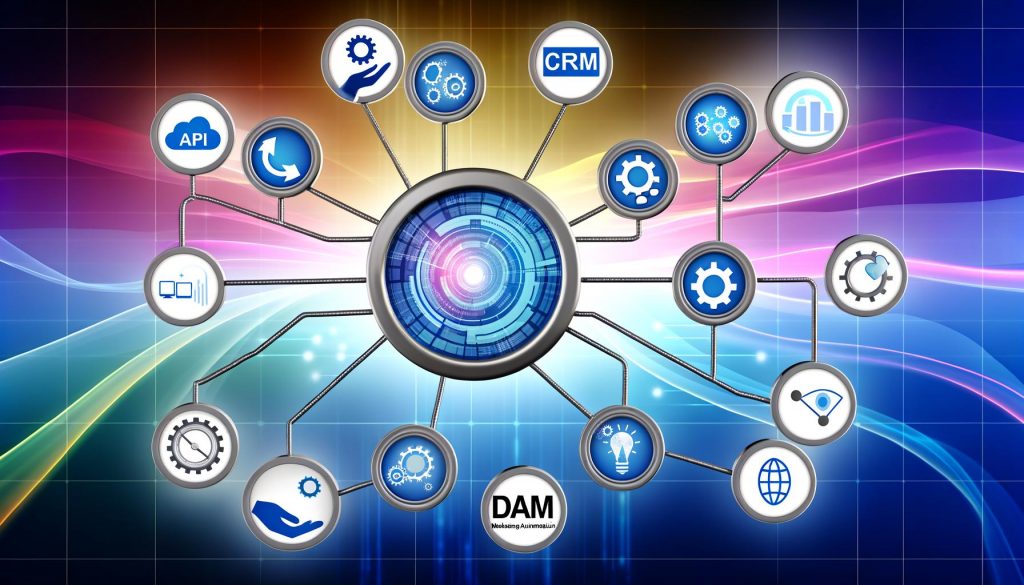Dynamische, moderne Illustration eines zentralen CMS-Dashboards, verbunden mit CRM, E-Commerce, Marketing Automation, Analytics, DAM und PIM über farbige Datenströme und symbolische Integration durch Hände und Zahnräder auf futuristischem, technisch leuchtendem Hintergrund.
