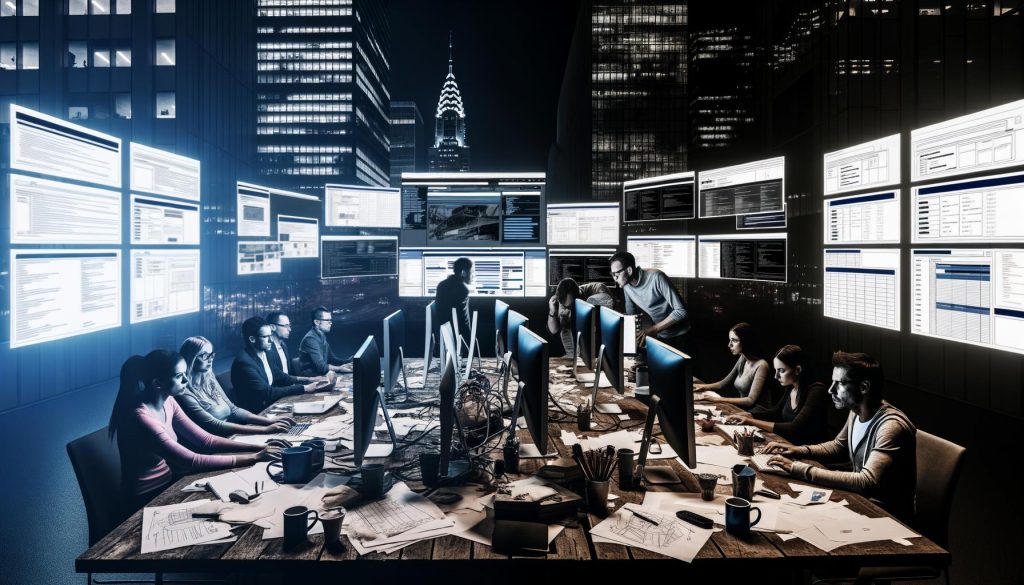 Web- und Marketing-Team arbeitet abends an Monitoren mit komplexen CMS-Strukturen, SEO-Analytics und Website-Vergleich alt gegen neu; Whiteboard mit Skizzen und Notizen im Vordergrund.