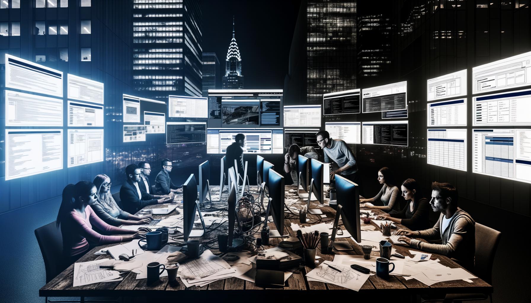 Web- und Marketing-Team arbeitet abends an Monitoren mit komplexen CMS-Strukturen, SEO-Analytics und Website-Vergleich alt gegen neu; Whiteboard mit Skizzen und Notizen im Vordergrund.