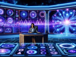 Futuristische Marketerin im Kontrollraum vor interaktivem Daten-Display mit KPIs, ML-Kurven und Neonlichtern