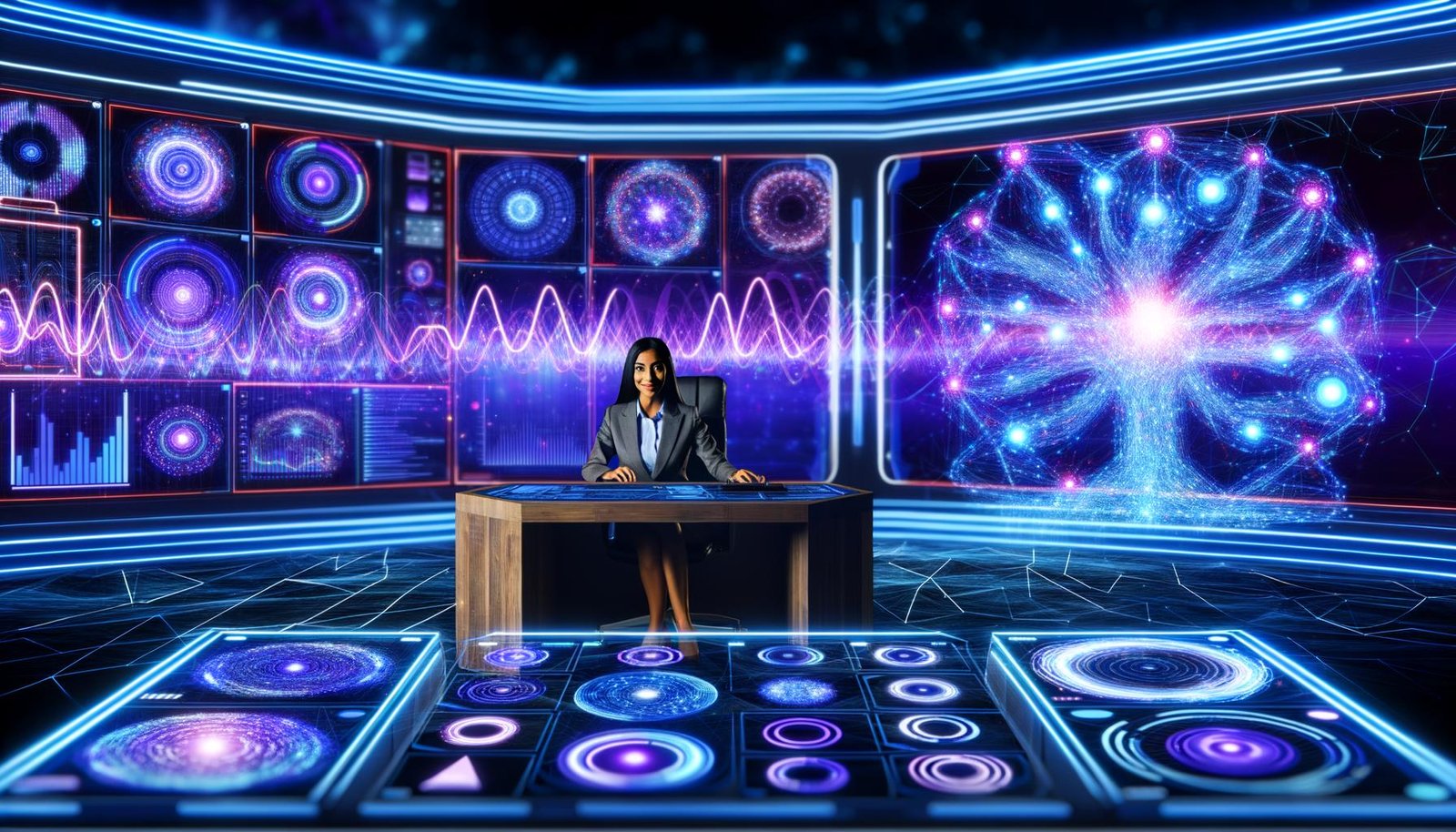 Futuristische Marketerin im Kontrollraum vor interaktivem Daten-Display mit KPIs, ML-Kurven und Neonlichtern