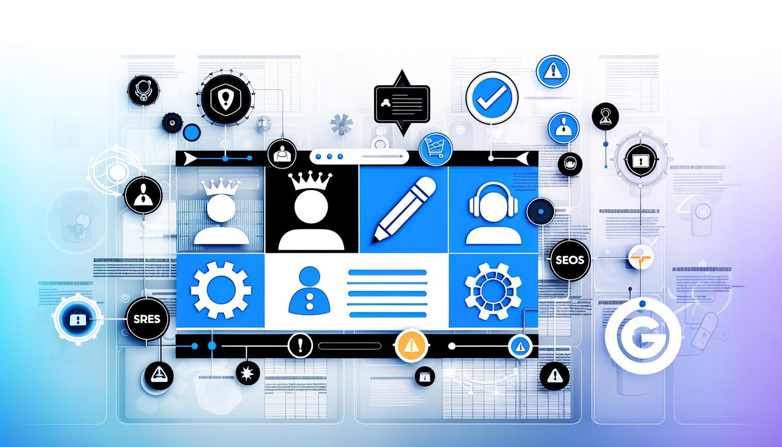 Moderne, minimalistische Illustration eines digitalen Dashboards mit verschiedenen Nutzerrollen-Icons, Sicherheits- und Workflow-Symbolen in einer stilisierten Redaktion.