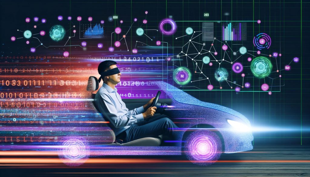 Marketer mit Augenbinde am Steuer eines Autos, umgeben von leuchtenden Datenströmen, Zahlenwolken und neonfarbenen KI-Elementen