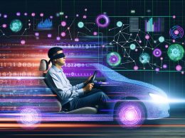 Marketer mit Augenbinde am Steuer eines Autos, umgeben von leuchtenden Datenströmen, Zahlenwolken und neonfarbenen KI-Elementen