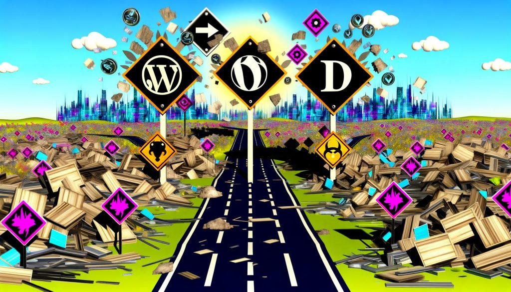 Konzeptbild mit drei sich verzweigenden Straßen zu großen WordPress-, Drupal- und Typo3-Schildern, digitalem Trümmerfeld, Warntafeln und Symbolen für APIs und Sicherheit vor einer futuristischen Skyline.