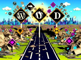 Konzeptbild mit drei sich verzweigenden Straßen zu großen WordPress-, Drupal- und Typo3-Schildern, digitalem Trümmerfeld, Warntafeln und Symbolen für APIs und Sicherheit vor einer futuristischen Skyline.