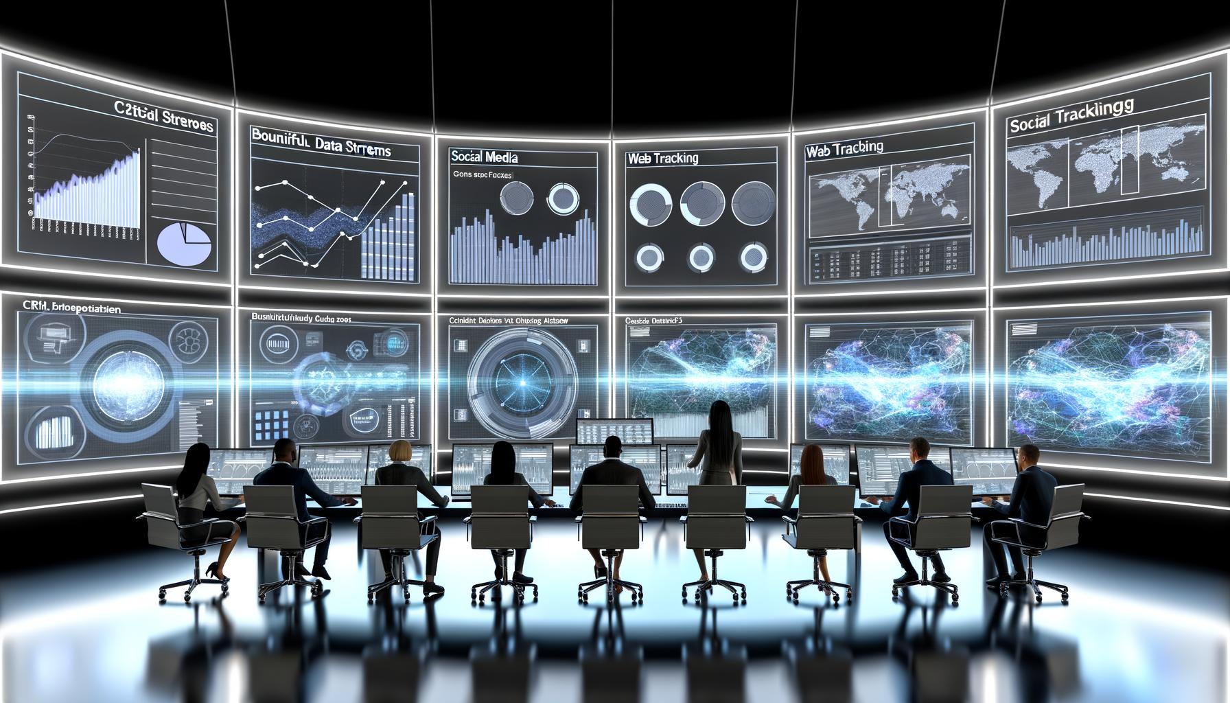 Marketing-Team arbeitet im modernen Steuerungszentrum mit großen Dashboards und Datenströmen aus verschiedensten Quellen.