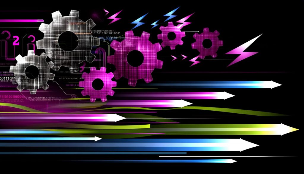 Leuchtende Zahnräder mit WordPress-, TYPO3- und Drupal-Logos auf dunklem Hintergrund, durchzogen von farbigen und unterbrochenen Datenströmen. Im Vordergrund schnelle Linien, Ladebalken und Wachstumsdiagramme als Symbol für optimierte, schnelle Webseitenperformance.