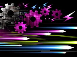 Leuchtende Zahnräder mit WordPress-, TYPO3- und Drupal-Logos auf dunklem Hintergrund, durchzogen von farbigen und unterbrochenen Datenströmen. Im Vordergrund schnelle Linien, Ladebalken und Wachstumsdiagramme als Symbol für optimierte, schnelle Webseitenperformance.