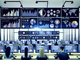 In einem modernen Büro analysieren Menschen konzentriert interaktive Dashboards mit Zeitreihen, Balkendiagrammen und Heatmaps, um Daten strategisch zu nutzen.